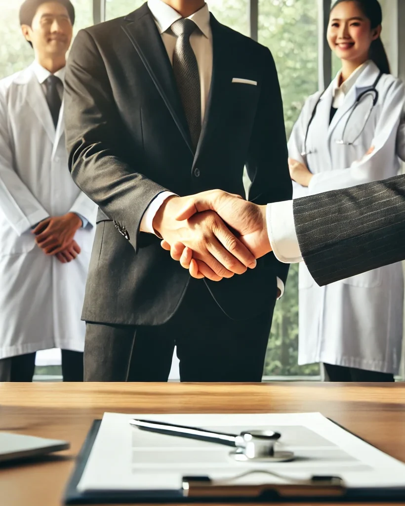 DALL·E 2025-01-17 20.07.43 - A professional image showing a businessman in a suit shaking hands with a group of doctors in white lab coats. The setting is a modern office or confe